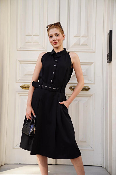 Zerenyus Shirt Collar Black Dress with Belt