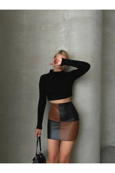Zerenyus Δερμάτινη φούστα με καρό μαύρο καφέ