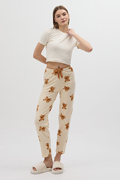 Rays بنطلون بيجامة نسائي منقوش على شكل دمية دب باللون البيج 4526