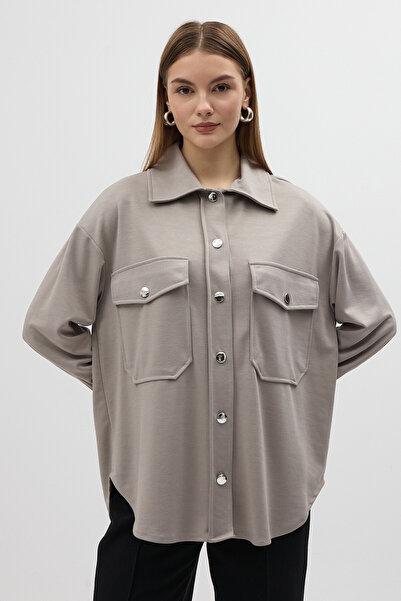 Rays Γκρι μεγάλο τζάκετ με γιακά μακρυμάνικο γυναικείο πουκάμισο 8108A