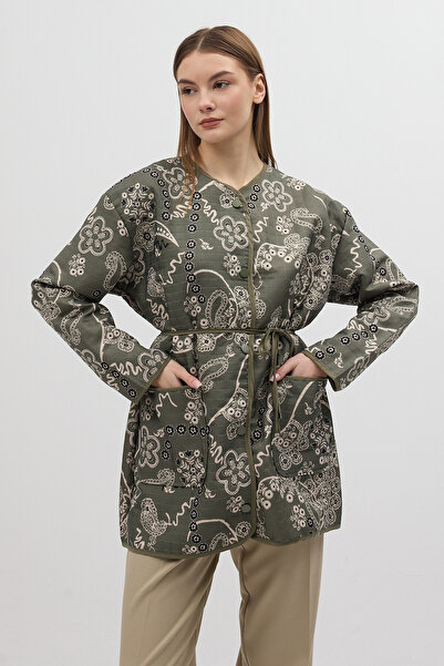 Rays سترة نسائية مبطنة بنمط عرقي أخضر مع رباط خصر 3496