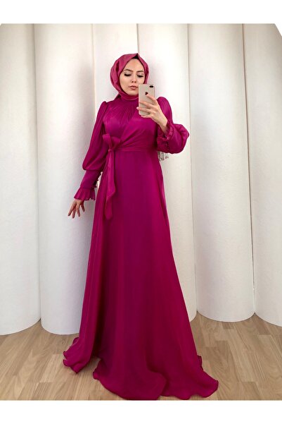 MERVEPLUME Rahat Kesim Bol Etekli Tesettür Abiye Elbise Uzun Kadın Kol Detaylı Nikah Nişan Düğün Davet Elbisesi