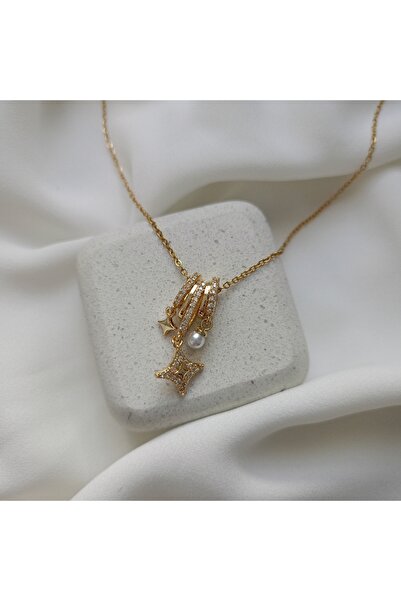 LENTE AKSESUAR Çelik Zincir Gold Yıldız ve İncili Charm Kolye-Kadın Kolye