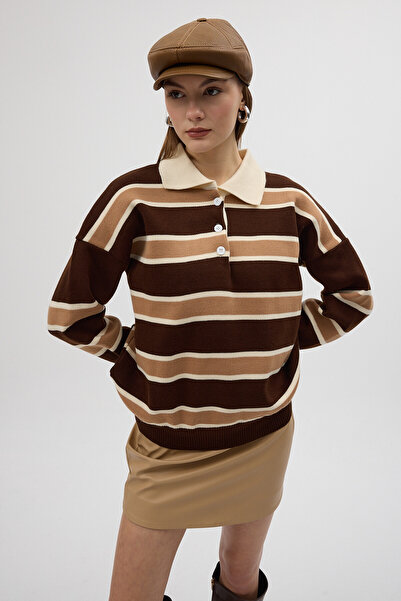 Rays Hanorac pentru femei cu guler polo cu dungi maro tricou 1018