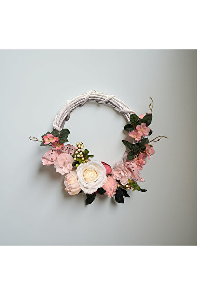 FLORİVYA Beyaz Halkalı Soft Pembe Yapay Çiçekli Dekoratif Kapı Çelengi – El Yapımı Romantik Kapı & Duvar Süsü