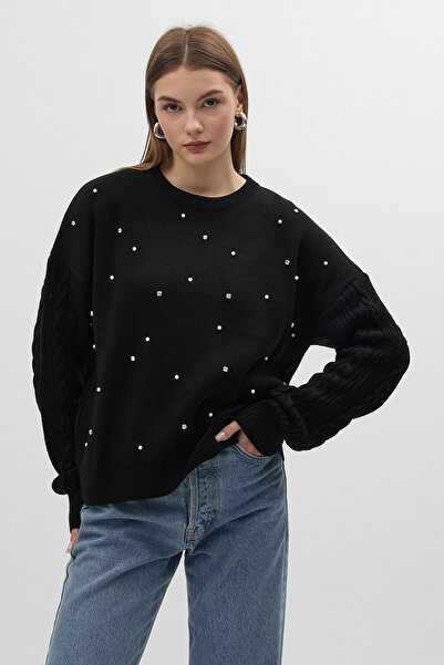 Rays 7115 Sleeve Knit Detail Stone Sweater Black