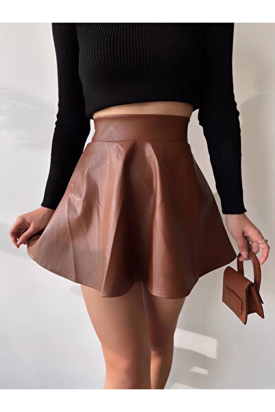 Zerenyus Fusta din piele cu talie elastică maro