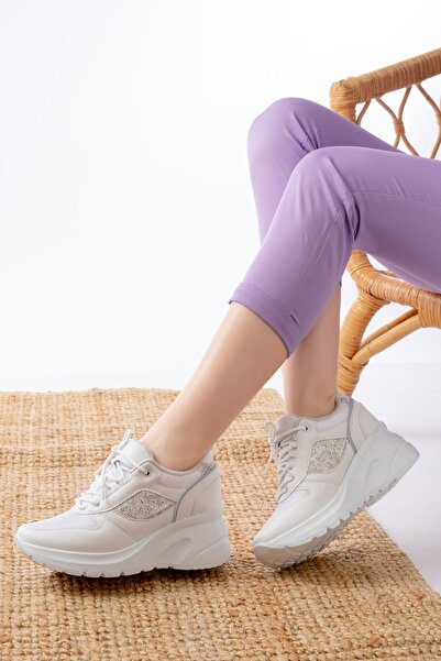 Zerenyus حذاء رياضي ZRİNF-185 أبيض فاخر برباط للاستخدام اليومي مع إكسسوارات حجرية