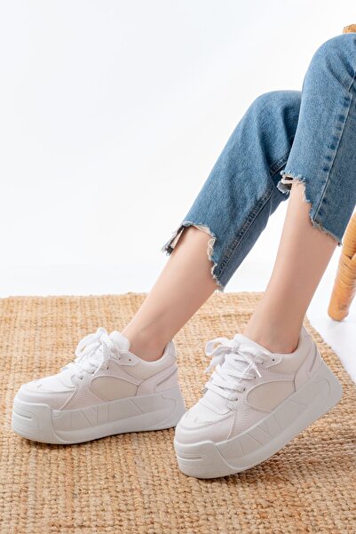 Zerenyus ZRİN-190 Premium Beyaz Bağcıklı Fileli Yüksek Taban Günlük Sneaker
