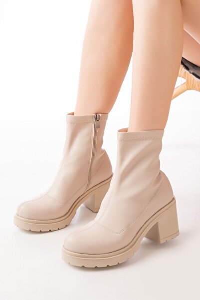 Zerenyus ZRİN-3012 Cizme de zi cu zi pentru femei, cu toc, cu fermoar, bej el...