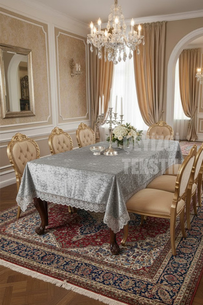 Çt Çeyizci Tekstil مفرش طاولة مخمل بكشكشة فرنسية، مفرش طاولة مخمل فاخر بكشكشة