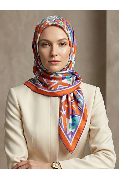 Silk Home Kadın Turuncu Mint Yeşili Karma Desen Twill İpek Eşarp 11427-27