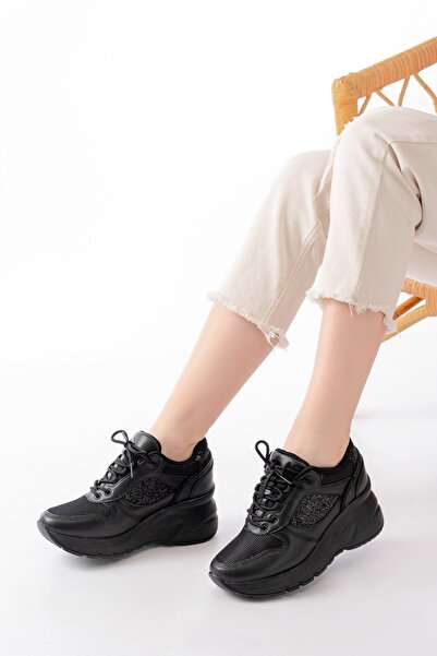 Zerenyus Zri̇nf-185 Premium Black Daily Lace-Up Sneaker with Stone Accessories