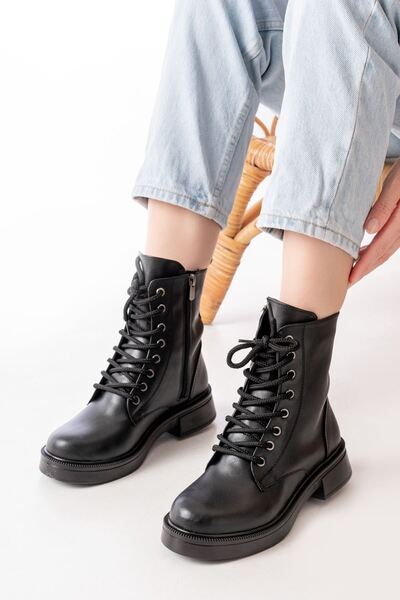 Zerenyus Zri̇n02-356 Premium Black Lace-Up Zippered Casual Women's Boots