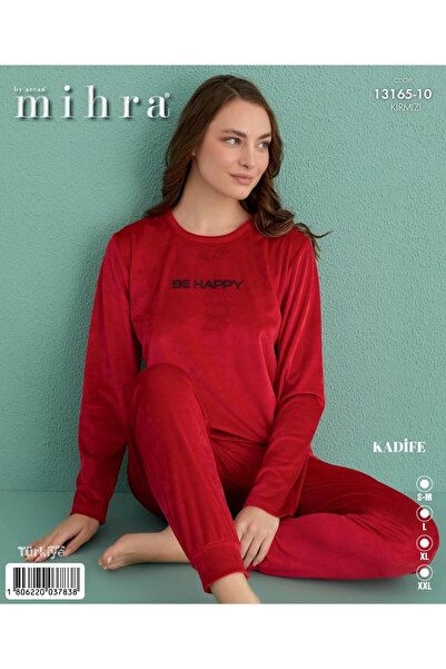 Mihra 13165-10 Kırmızı Bee Happy Paçası Lastikli Kadife Pijama Takım