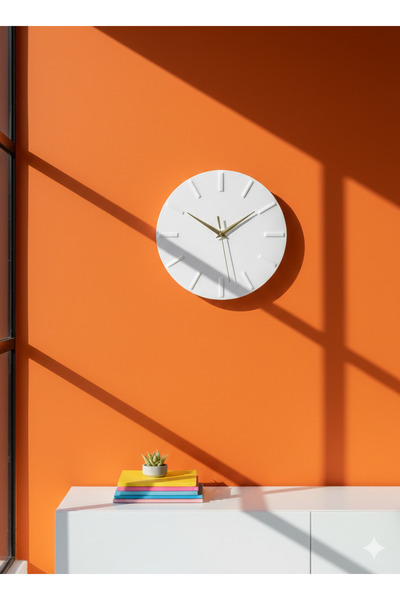 silmogen Dekoratif Duvar Saati - Beyaz Renk - Taş Döküm - Gold Akrep Yelkovan - (27×27 cm)