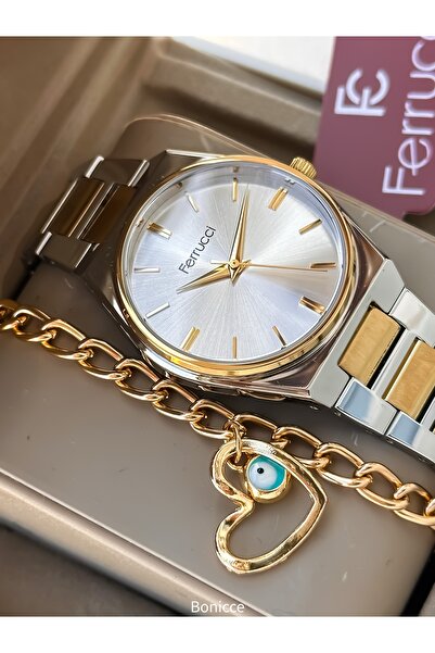 Ferrucci Marka Sarı Çelik Kordon, Kadın Kol Saati Nazar Boncuklu Bileklik
