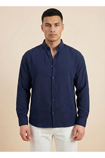 Valiberta Scott – Soft Dokulu Yarım Oversize Modern Erkek Gömlek - Lacivert