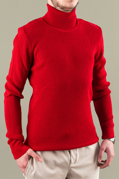 bombe سترة تريكو رجالية باللون الأحمر قصة ضيقة من القطن بياقة نصف رقبة