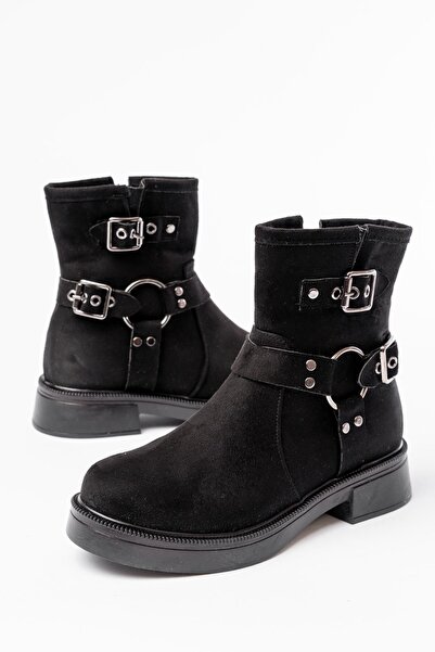 Zerenyus ZRİN-2013 Μαύρες σουέτ γυναικείες μπότες με φερμουάρ και αξεσουάρ με...