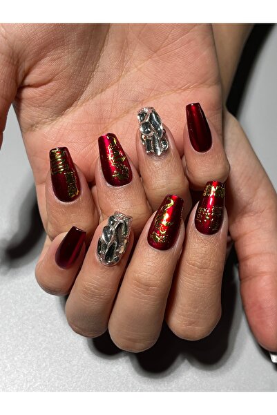 wow kutu 150431 M Beden Kırmızı Simli taşlı Protez Jel Takma Tırnak Ve Aksesu...