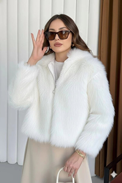 Zerenyus Premium Fermuarlı Kısa Kürk Beyaz