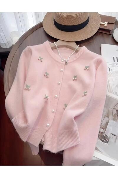 nathia outdoors Crew Neck Ecru Sweet Cardigan with Cherry Detail, Fluffy Pearl Buttoned