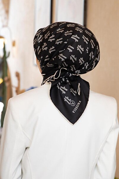 Vissona % 57 İPEK % 43 VİSKON Twill İpek Geometrik Desenli Siyah Renkli 90x90...