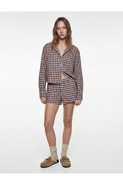 Koton Uzun Kollu Gömlek Yaka Oversize Crop Ekoseli Pijama Üstü