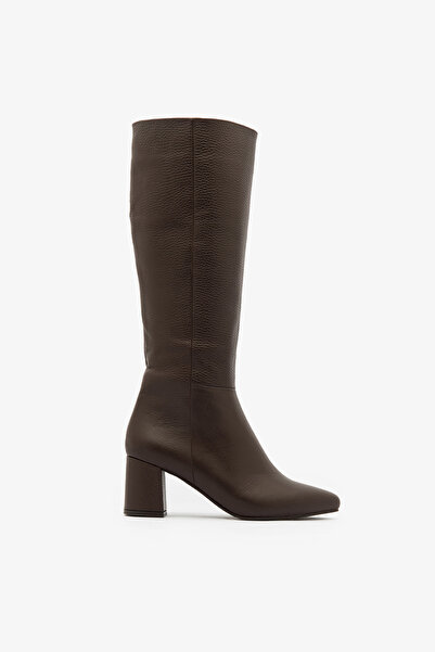 SAYL Kahve Hakiki Deri Çizme Fermuarlı Sivri Burun Topuklu Kadın Çizme