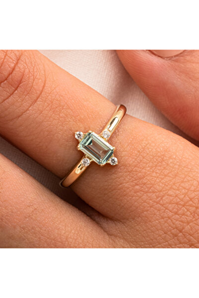 FasekGold Gümüş Yüzük - Octagon Kesim Su Yeşili Taşlı 0.95 Karat Pırlanta Mon...