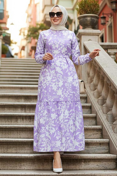 Neva Style Patterned Lilac Hijab Dress 25964Lila