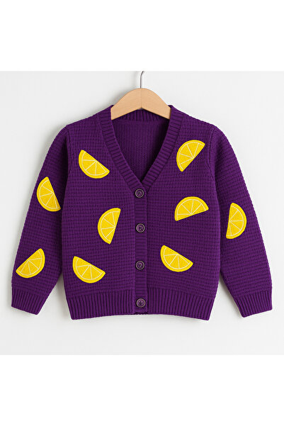 Hilal Akıncı Kids Girl's Embroidered Lemon Motif Knit Cardigan and Hair Clip