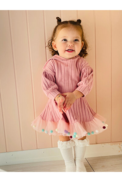 Jammybaby Candy Ponponlu Kapüşonlu Puffy %100 Pamuk Fiyonklu Kız Bebek Elbise