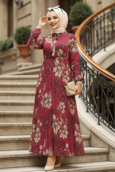 Neva Style فستان حجاب كرزي - نمط الأزهار، موديل 50355VSN