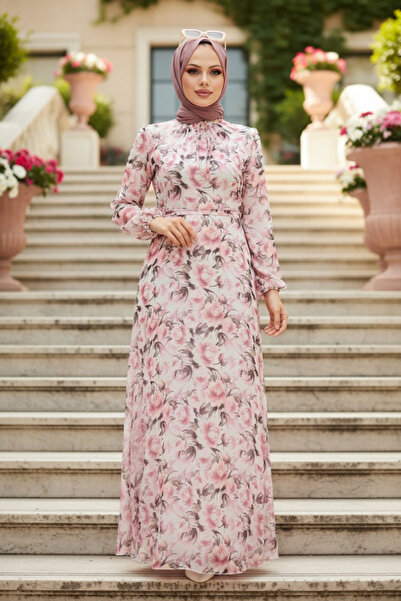 Neva Style Çiçek Desenli Pembe Tesettür Elbise 279072P