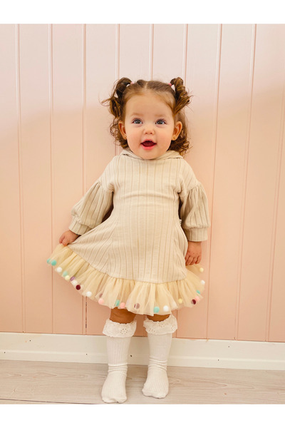 Jammybaby Candy Ponponlu Kapüşonlu Puffy %100 Pamuk Fiyonklu Kız Bebek Elbise