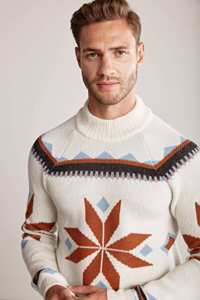 Hemington Kaşmir Yün Karışım Yarım Balıkçı Kar Desen Ekru Kazak