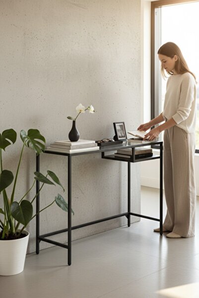 TOLIAHOME Modern Siyah Renk Metal İskeletli Şeffaf Temper Camlı Laptop Çalışma Masası Makyaj Masası