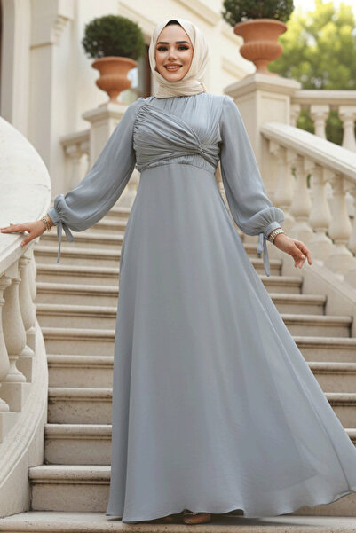 N.S NEVA STYLE Rochie de seară gri hijab cu detaliu drapat 62201GR