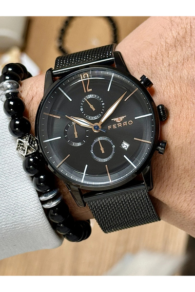 FERRO Siyah Hasır Kordon Erkek Kol Saati FM11039C-G Fonksiyonları Aktif 3ATM SU Geçirmez + Hediye Bileklik