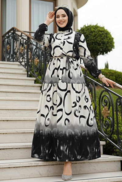 Neva Style Black Patterned Hijab Dress - 10208S