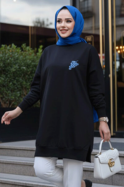 N.S NEVA STYLE Tunica hijab neagră cu model detaliat 10653S