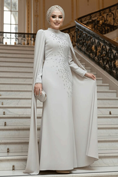 Neva Style فستان سهرة بيج محتشم بأكمام كاب 51671BEJ