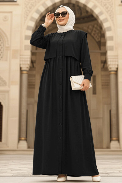 N.S NEVA STYLE Düğmeli Siyah Tesettür Ferace 26441S