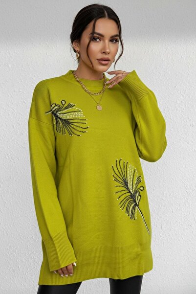 NEWCO Плетен пуловер с странични цепки и мотив на листа, отпечатан върху камъ...