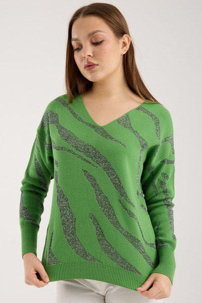 Moda Days Pulover de damă cu decolteu în V cu sclipici verde închis