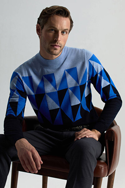 Hemington Merino Yün Yarım Balıkçı Yaka Desenli Lacivert Triko