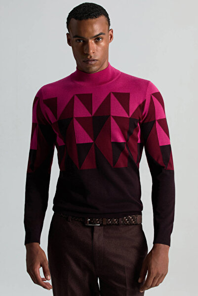 Hemington Merino Yün Yarım Balıkçı Yaka Desenli Mor Triko