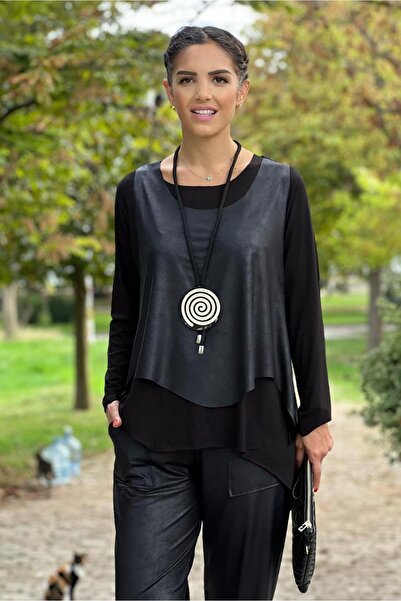 Nevin Kaya Moda طقم تي شيرت أسود بأكمام طويلة وقلادة هدية وسترة جلدية